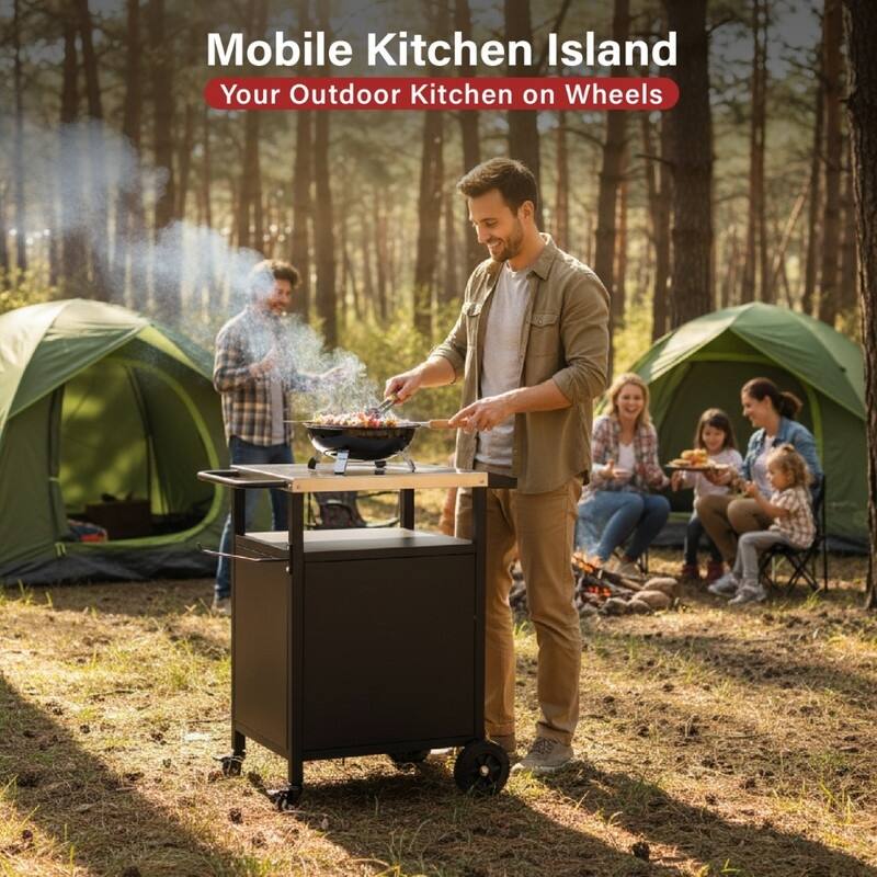 4-Wheel Black BBQ Cart With Stainless Steel Top, Single-Door Cabinet Grill Station - N/A