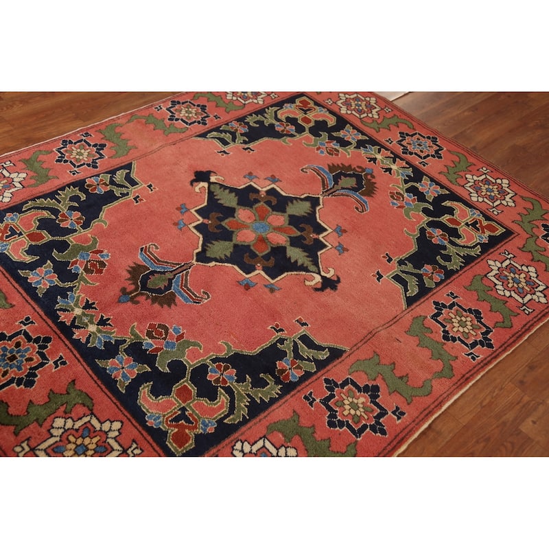 Geometric Anatolian Turkish Area Rug Hand-Knotted Pink Wool Carpet - 4'9"x 6'0"