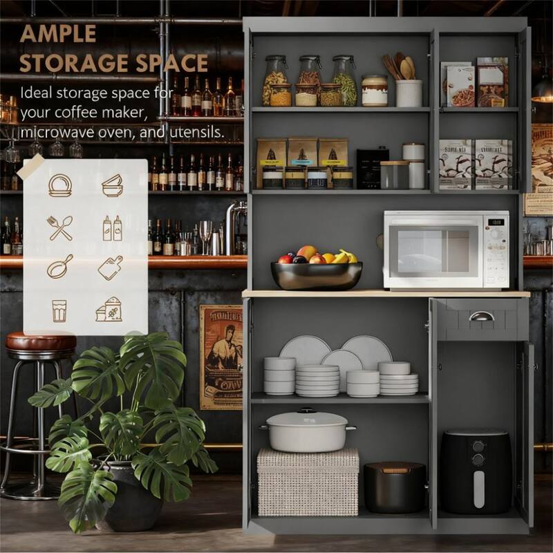 Kitchen Pantry Storage Cabinet with Microwave Oven Countertop, Drawer