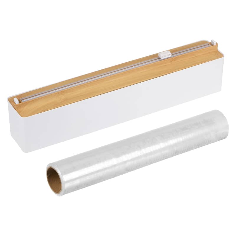 14"x2.6" Plastic Wrap Dispenser with Cutter and Magnetic Bottom, Wood Surface - Wood Color