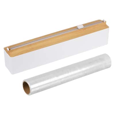 14"x2.6" Plastic Wrap Dispenser with Cutter and Magnetic Bottom, Wood Surface - Wood Color