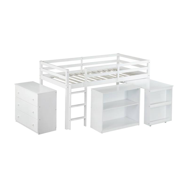 Twin Rubber Wood Loft Bed with Drawer Cabinet, Shelf,Pulling -Out Desk