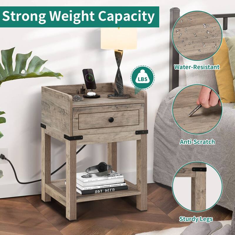 Moasis Farmhouse End Table with Charging Station, USB Ports and Outlets