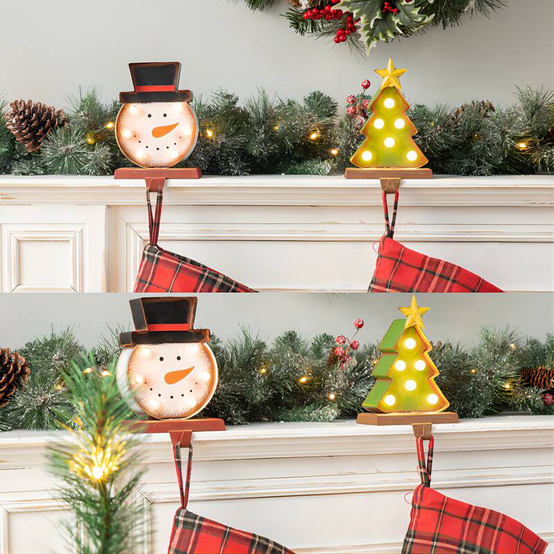 Glitzhome Marquee LED Cartoon Tree Snowman Christmas Stocking Holders Mantel Ornament