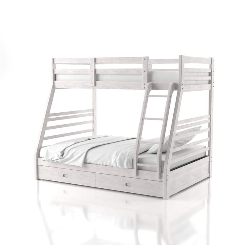 Cude Modern Twin over Full Solid Wood Bunk Bed Set by Furniture of America - Wire Brushed White