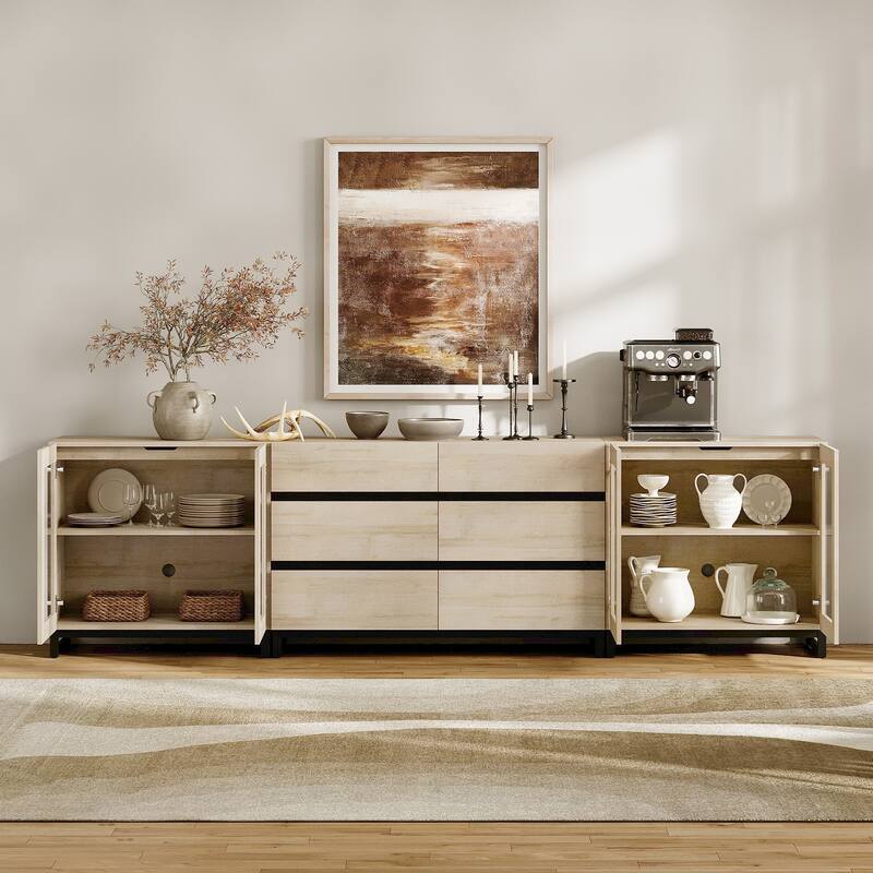 WAMPAT 3 in 1 Multifunctional Dresser with Glass Doors and 6 Drawers, Modern Chest of Drawers for Bedroom