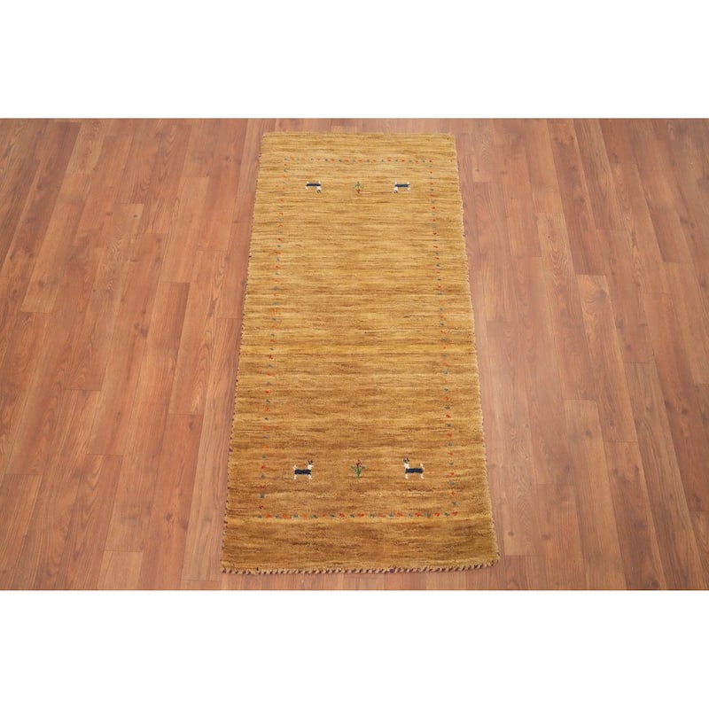 Hand Knotted Oriental 100% Wool Carpet Tribal Animal Pictorial Yellow & Gold Gabbeh Area Rug - 4' 0'' X 2' 0''