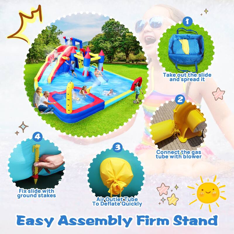 10 in1 Inflatable slide water park bouncing house garden with splash pool & water gun & basketball & climbing wall - Multicolor