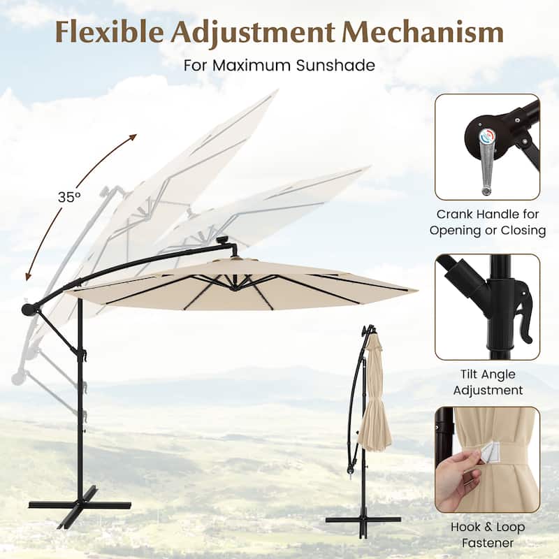 Gymax 10ft Solar Patio Umbrella Outdoor Offset Hanging Umbrella w/ 40