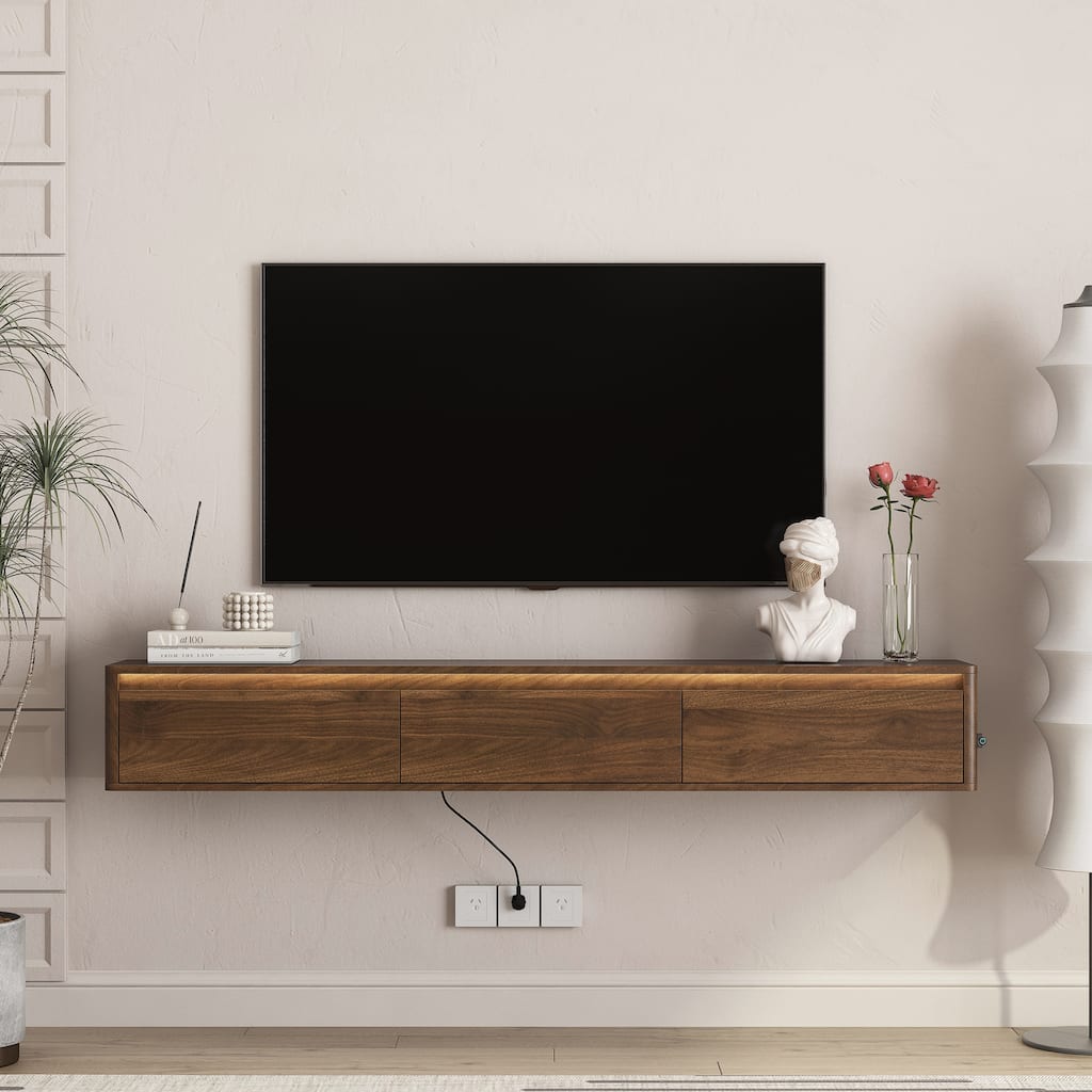 Wall Mounted TV Shelf with LED Lights & Power Outlet, High Gloss TV Cabinet for Wood TV Stands for Living Room