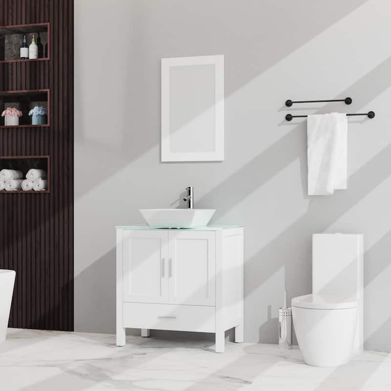 30" Bathroom Vanity Combo with Glass Top and Ceramic Sink, Soft-Close Cabinet and Drawer, Mirror Included