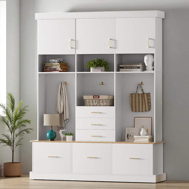 75" Entryway Hall Tree with Bench, Coat Rack, 6 Drawers, 3 Cabinets and Top Shelves, 5-in-1 Storage Organizer for Hallway
