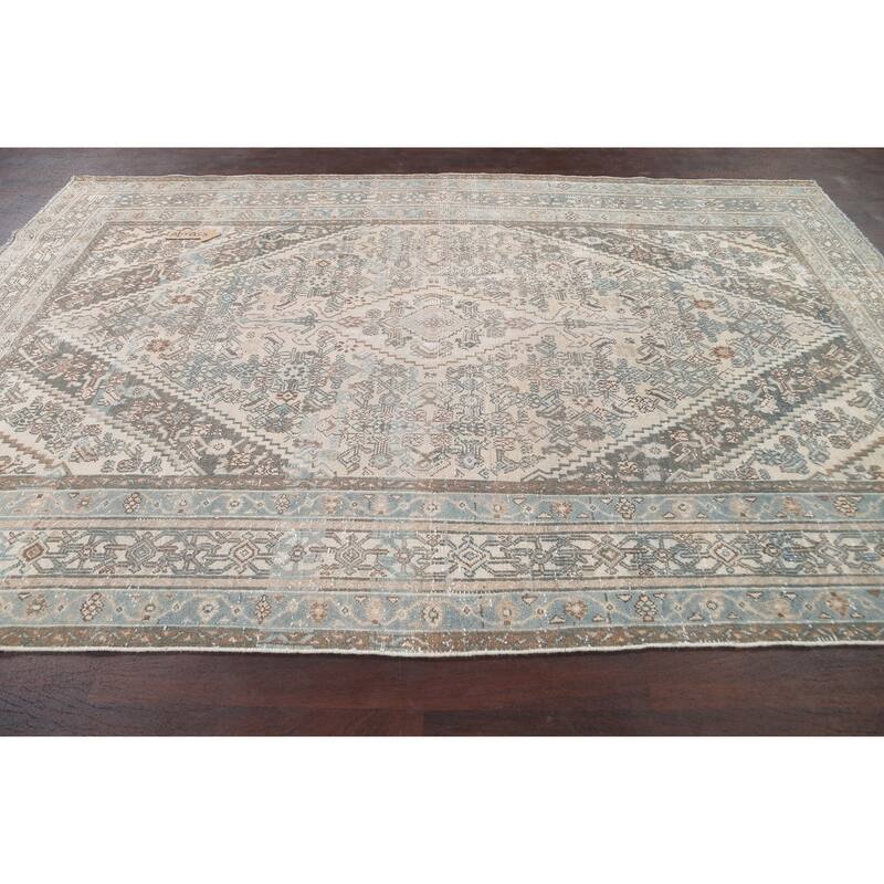 Distressed Geometric Hamedan Persian Area Rug Wool Handmade Carpet - 6'8" x 9'11"