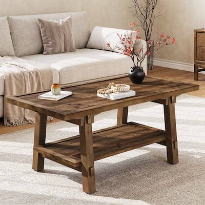 2-tier Rectangle Solid Wood Coffee Table for Living Room