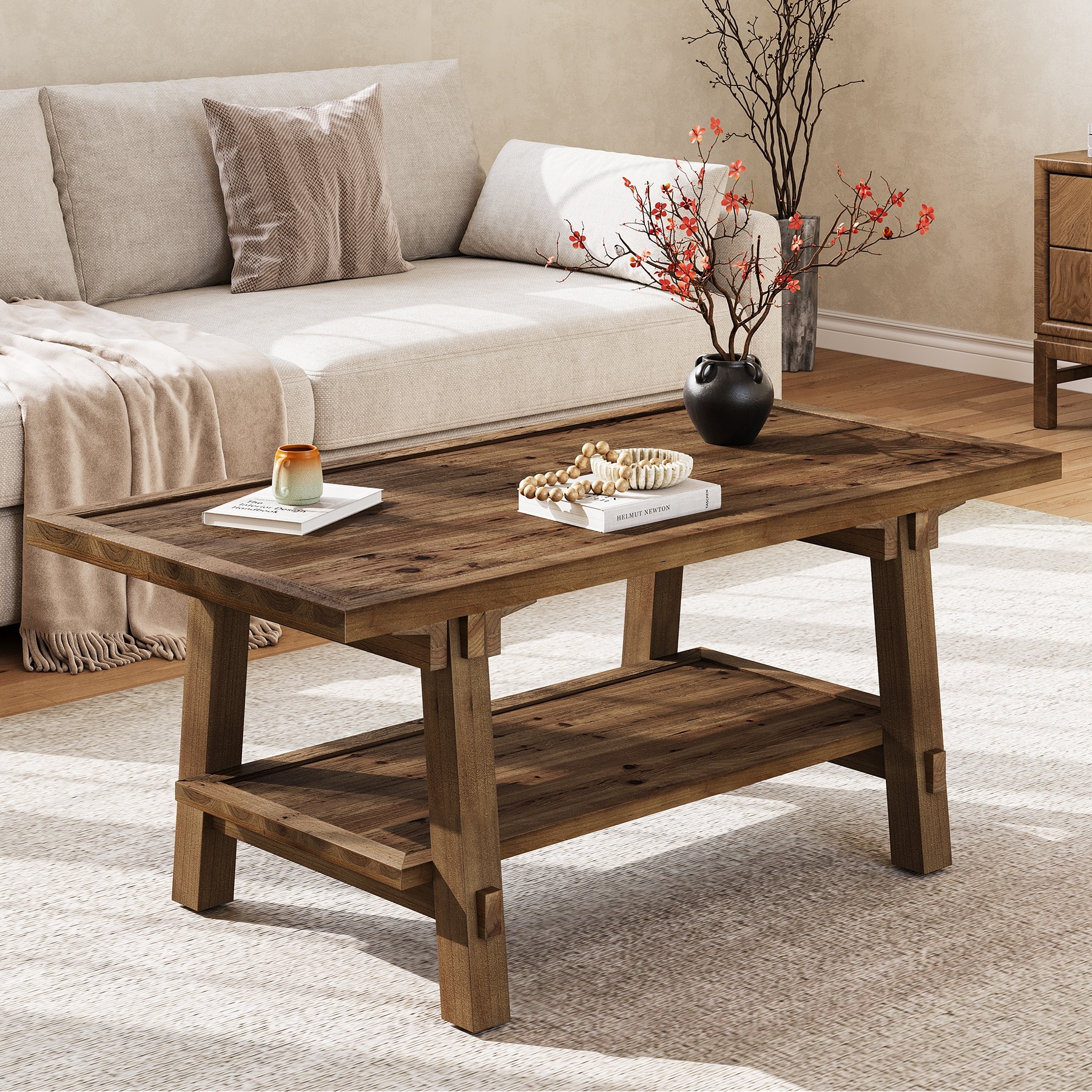 47-inch Farmhouse Solid Wood Coffee Table for Living Room