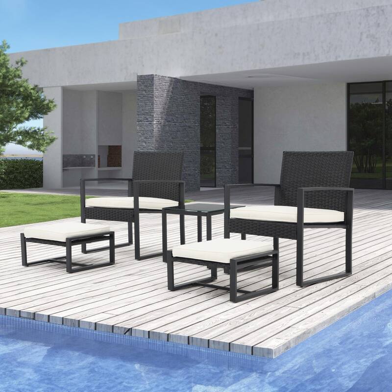 Patio 5 Pieces Wicker Chat Set with Cushions - Beige/Black