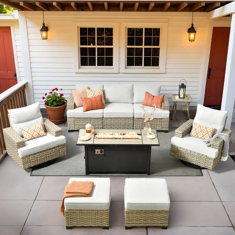 HOOOWOOO 9-piece Outdoor Wicker Furniture Swivel Rocking Chair Set with Fire Pit Table - Grey