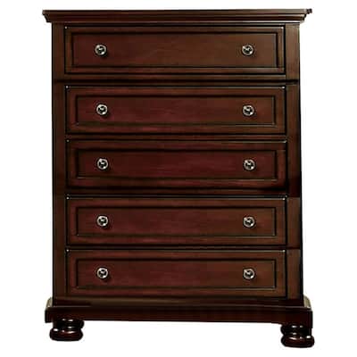 Transitional Style 5 Drawer Wooden Chest, Dark Cherry Brown