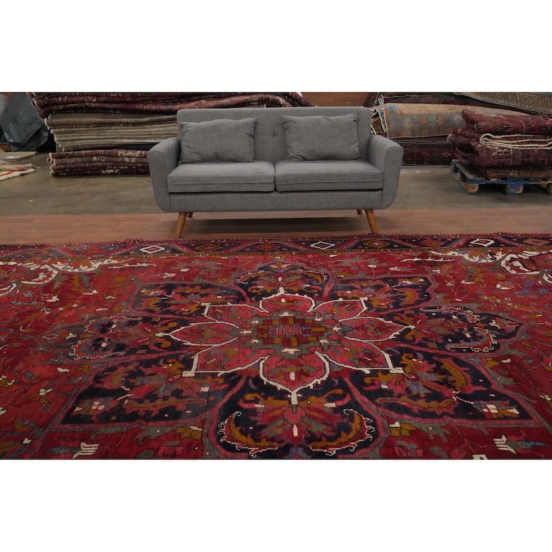 Hand Knotted Oriental 100% Wool Carpet Traditional Floral Red Heriz Area Rug - 13' 4'' X 9' 1''