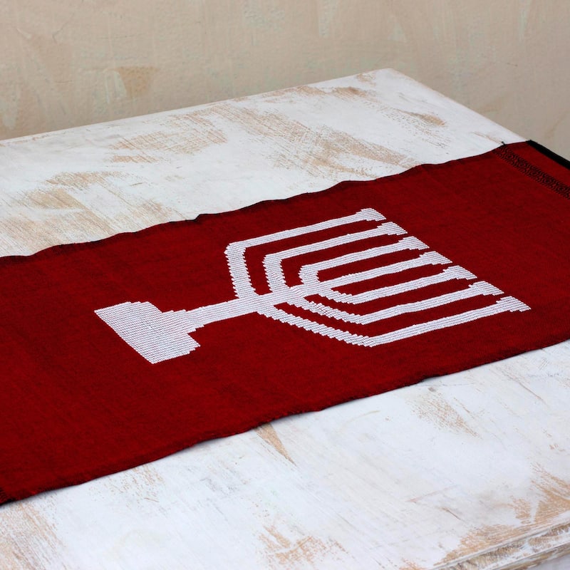 Novica Handmade Red Menorah Lights Cotton Table Runner