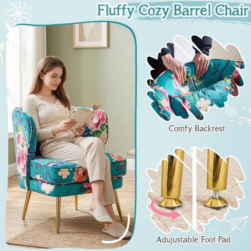 Mid Century Modern Upholstered Reading Chair with Lumbar Pillow, Gold Metal Legs, Small Space Friendly for Living Room Bedroom