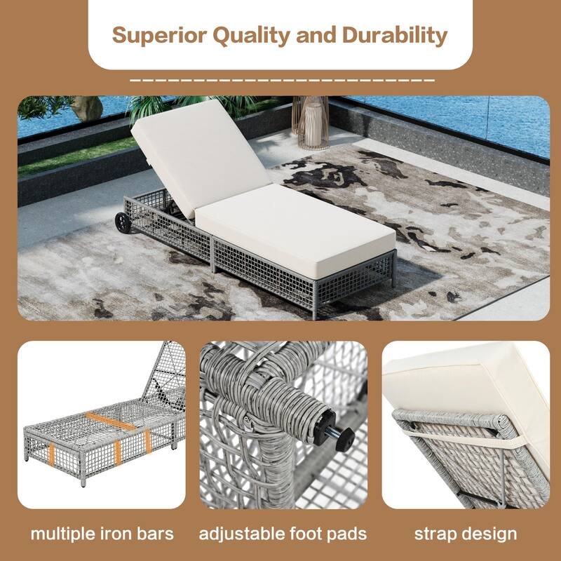 2 Pieces Outdoor Chaise Lounges Set for Poolside Garden, Adjustable Reclining Sun Lounger with Cushion & Wheels for 2 People