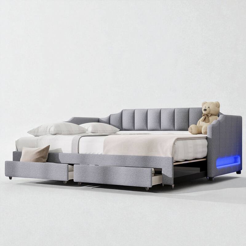 Twin XL Upholstered Daybed with Trundle, Converts to King, LED Lights, 2 Storage Drawers, Solid Wood Frame
