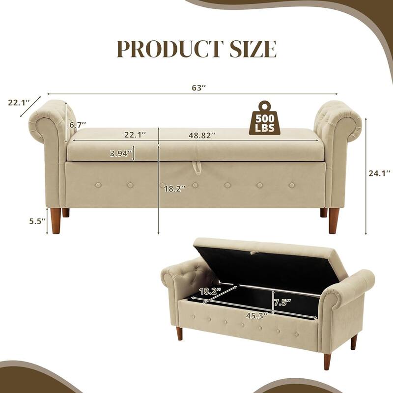 Multipurpose Rectangular Linen Sofa Stool with Large Space Saving Storage, 4 Rubber Wood Feet - 63 x 22.1 x 24.1 inch