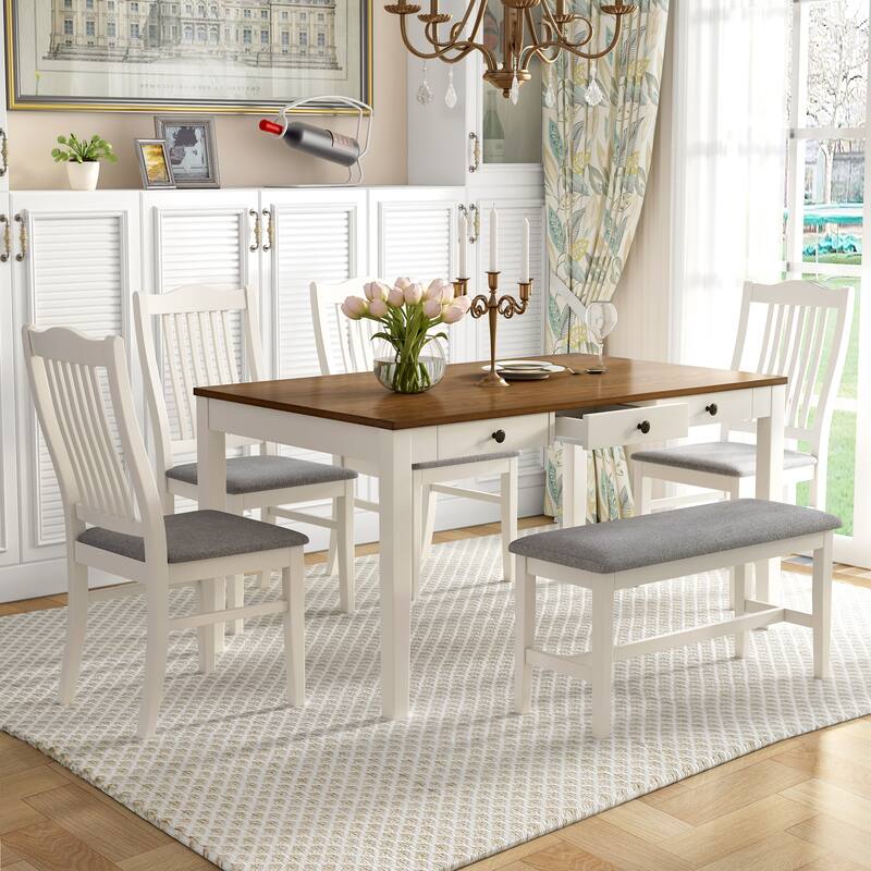 6-Piece Wood Dining Table Set, Rectangular Kitchen Table Set with Storage Drawer, Upholstered Chairs and Bench for Living Room