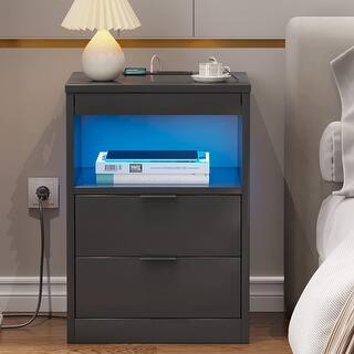 2 Drawers LED Nightstand Wireless Charging Station Pull-Out Shelf