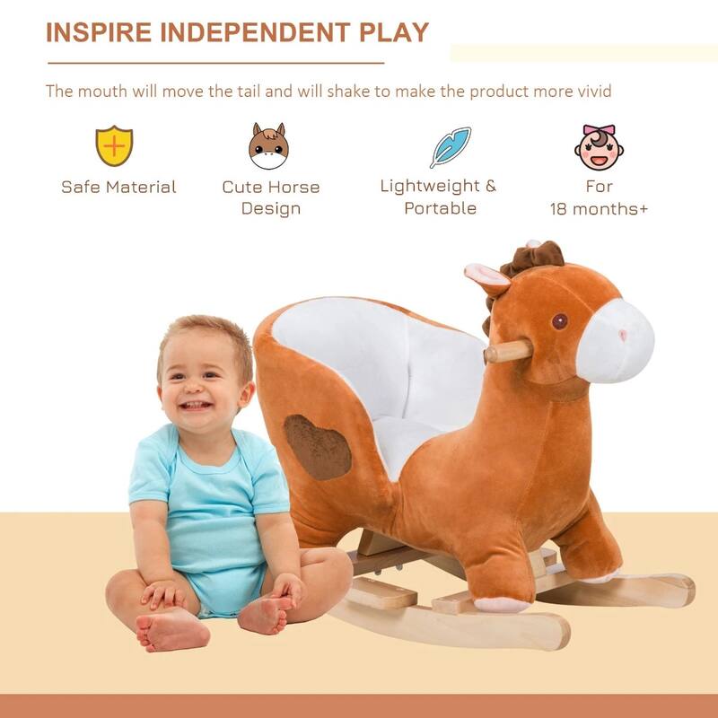 Plush Horse Rocker for Toddlers with Music Soft Seat Wooden Frame Brown and White for Kids 18 Months and Up