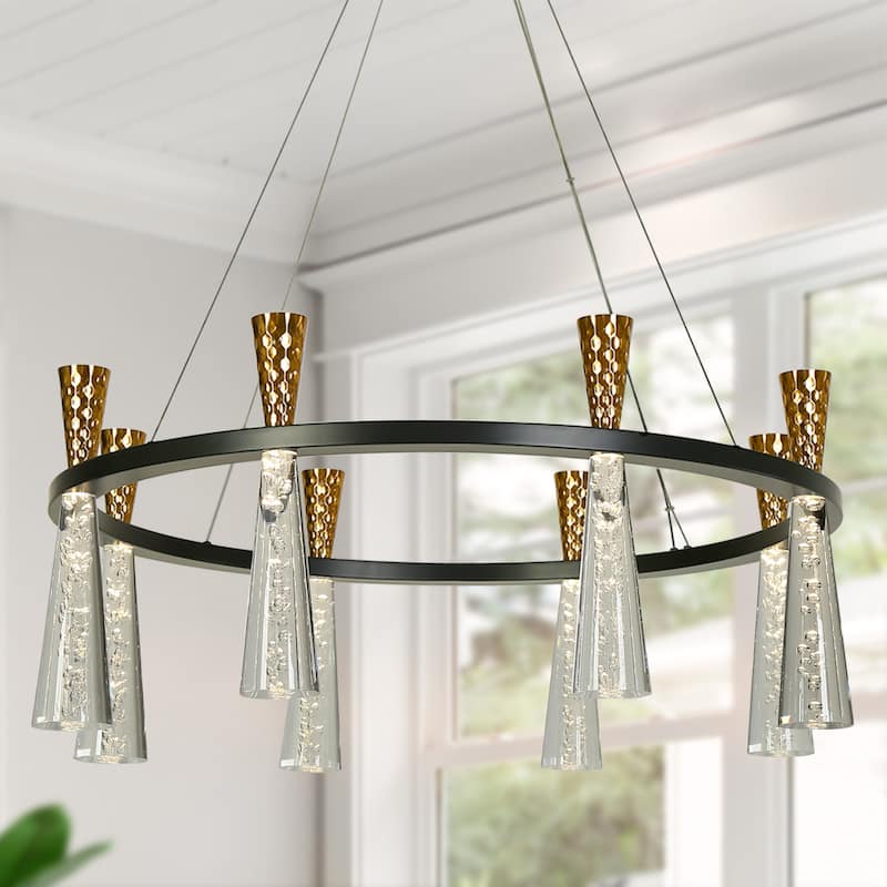 Modern LED 8-Light Wheel Black Gold Chandelier with Clear Acrylic Shades - Dia. 32.7" x H 13.3"