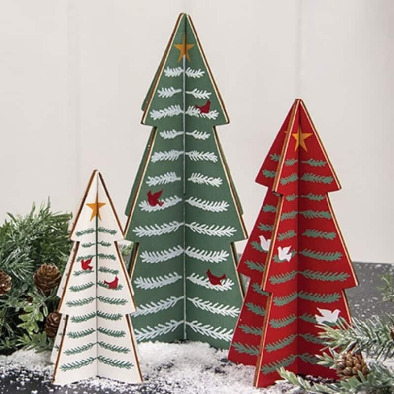 Set of 3 Wooden Dimensional Yuletide Christmas Tree Sitters Rustic Folk Art Holiday Decoration Tabletop Display