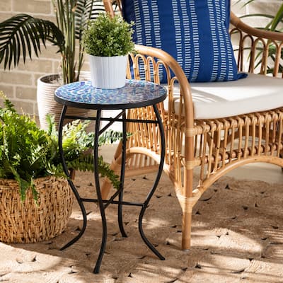 Gaenor Modern and Contemporary Black Metal and Blue Glass Plant Stand