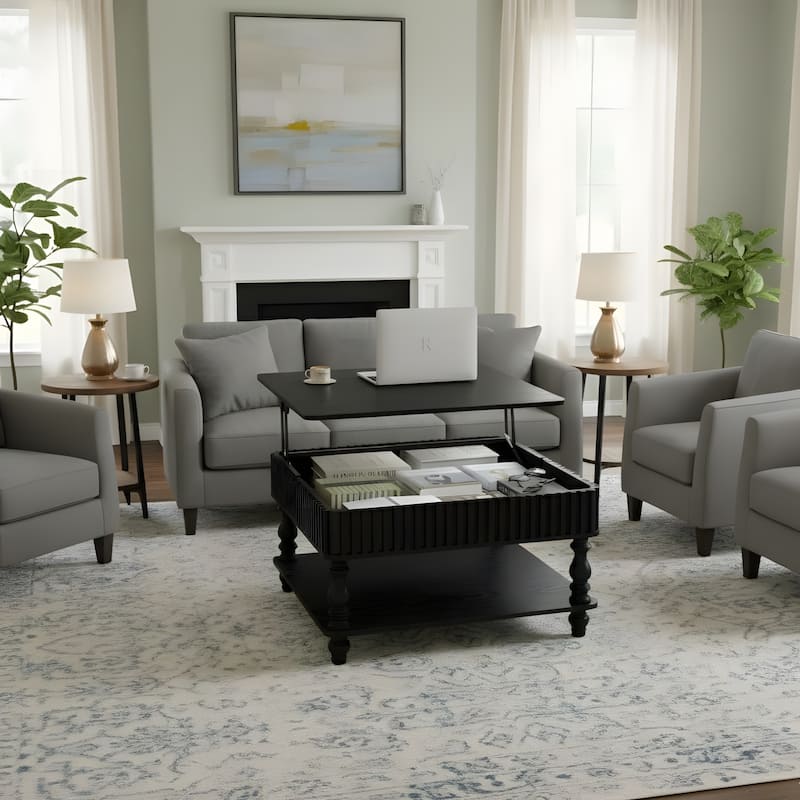 Rustic Style Lift-Top Coffee Table with Hidden & Open Storage - 31.5 - Black