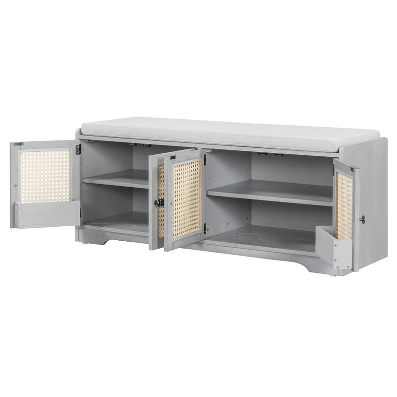 Rustic Storage Bench Multifunctional Wood Entryway Shoe Bench with Removable Cushion, Woven Rattan Doors & Adjustable Shelves