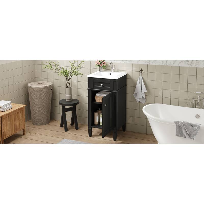 16" Bathroom Vanity with Ceramic Sink, Freestanding Single Vanity Set with Soft Closing Door, Adjustable Shelf, French Style