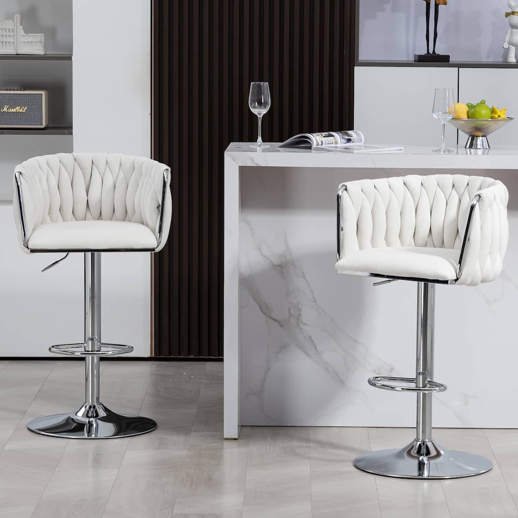 360°Velvet Swivel Bar Stools Set of 2, Adjustable Counter Height Bar Chairs with Woven Back & Footrest, chromed Bar Stools