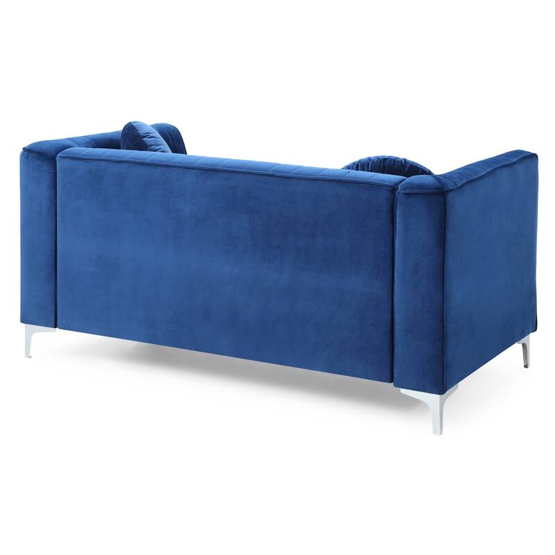 Roomfitters Velvet Loveseat, Sloped Arms, Channel-Tufted 2-Seater Sofa, Modern Glam Couch, Silver Metal Legs