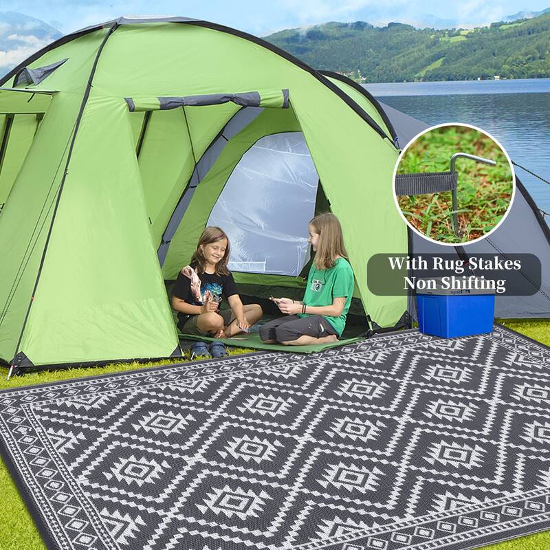 Outdoor Rugs Reversible Geometric Boho Plastic Straw Rug for Patio Camping Beach Deck Picnic Backyard