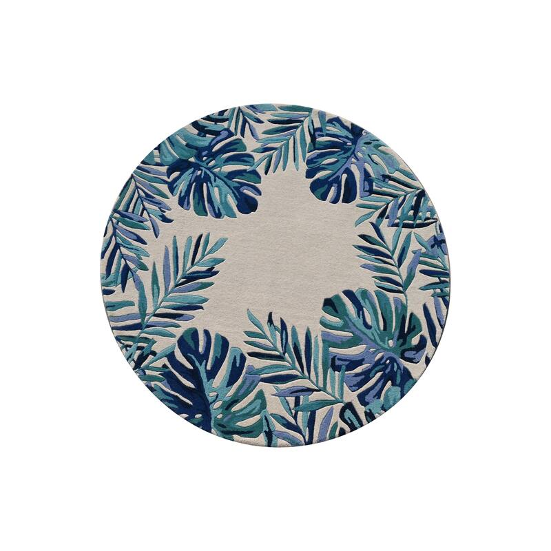 Domani Saunt Hand Tufted Wool Coastal Palms Area Rug - 5'6" Round - White / Blue