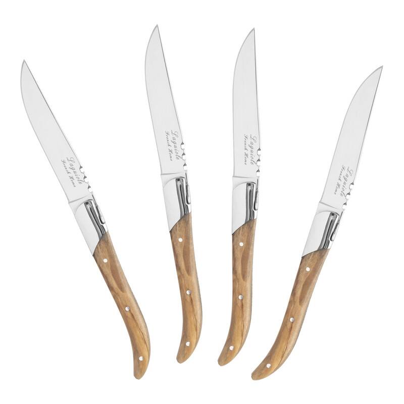 French Home Laguiole Set of 4 Connoisseur Steak Knives with Olive Wood Handles - Silver