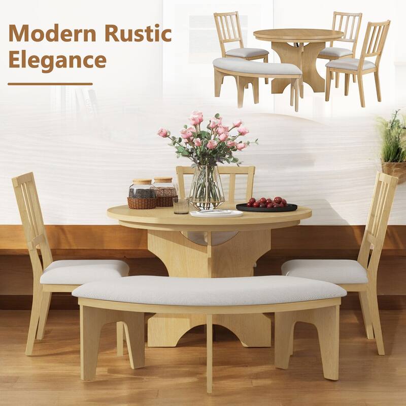 5-Piece Rustic Round Dining Set with 3 Upholstered Chairs and Curved Bench, Wood Kitchen Table for Dining Room and Kitchen