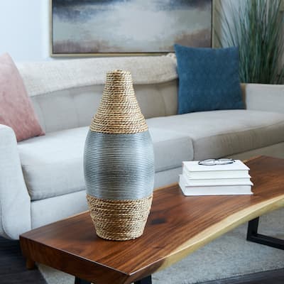 Brown Seagrass Handmade Teardrop Wrapped Decorative Vase with Layered Gray Paneling