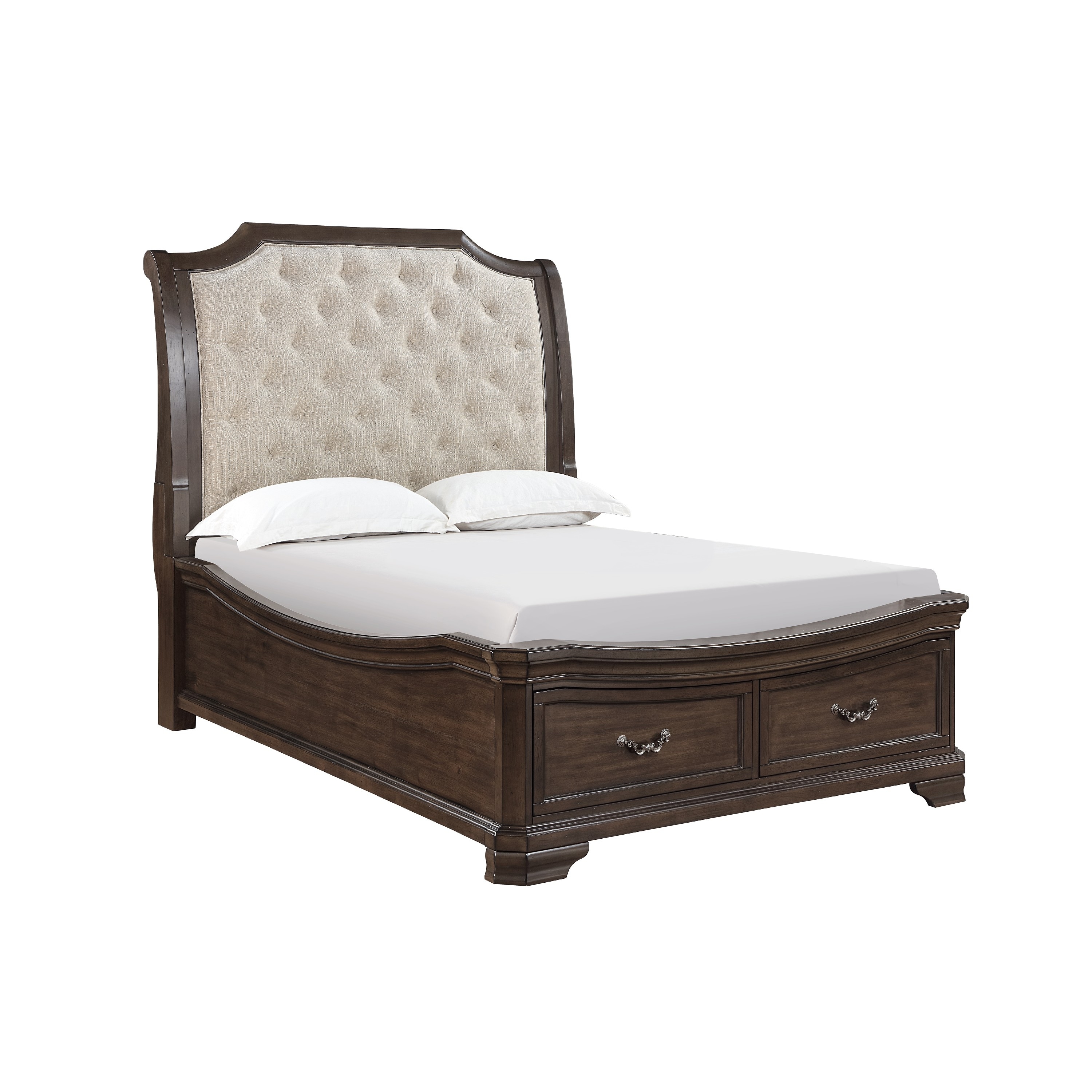 Lynda Queen Bed, Beige Button Tufted Headboard, 2 Drawers, Walnut Brown