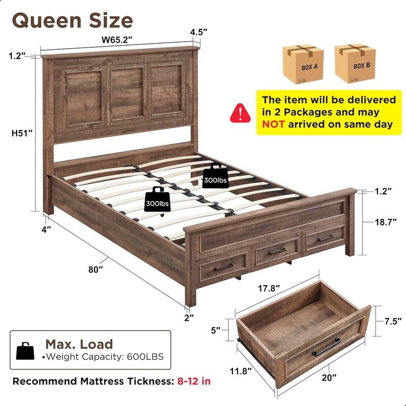 Farmhouse Queen Wood Bed Frame with 52" Tall Headboard & Footboard