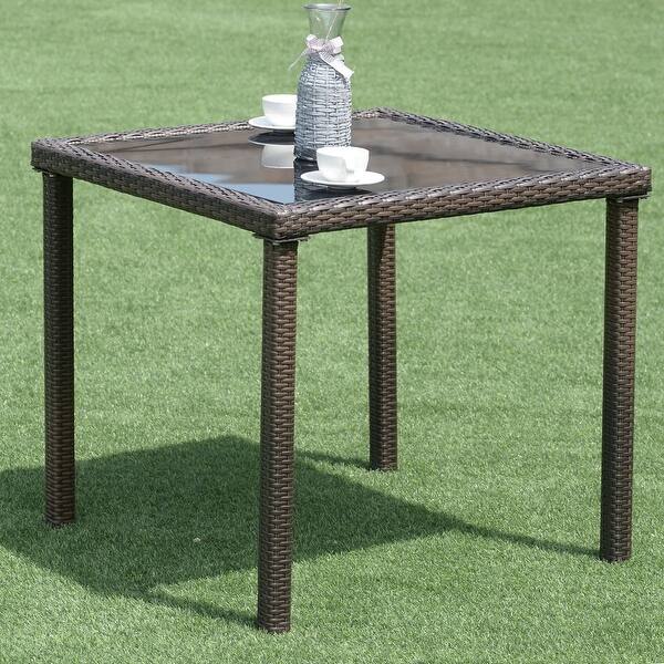 Shop Costway 32 Garden Table Patio Outdoor Wicker Square Dining Table W Glass Top Brown Overstock 18522212