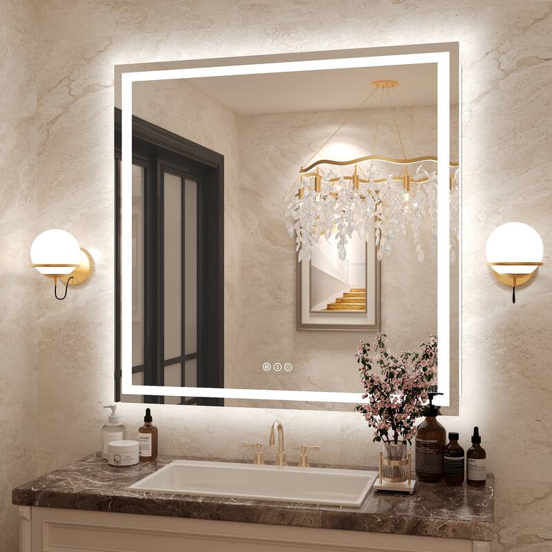 Frameless LED Front Light and Backlit 3 Colors Dimmable Anti-Fog Wall Bathroom Vanity Mirror - 38" x 38"-Square Corner