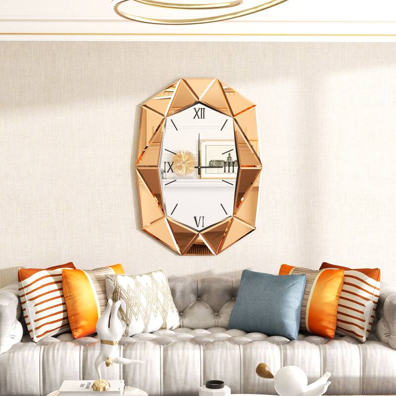 Mirrored Wall Clock Decorative Vanity Mirror Beveled Frame Edge - 29"x40"