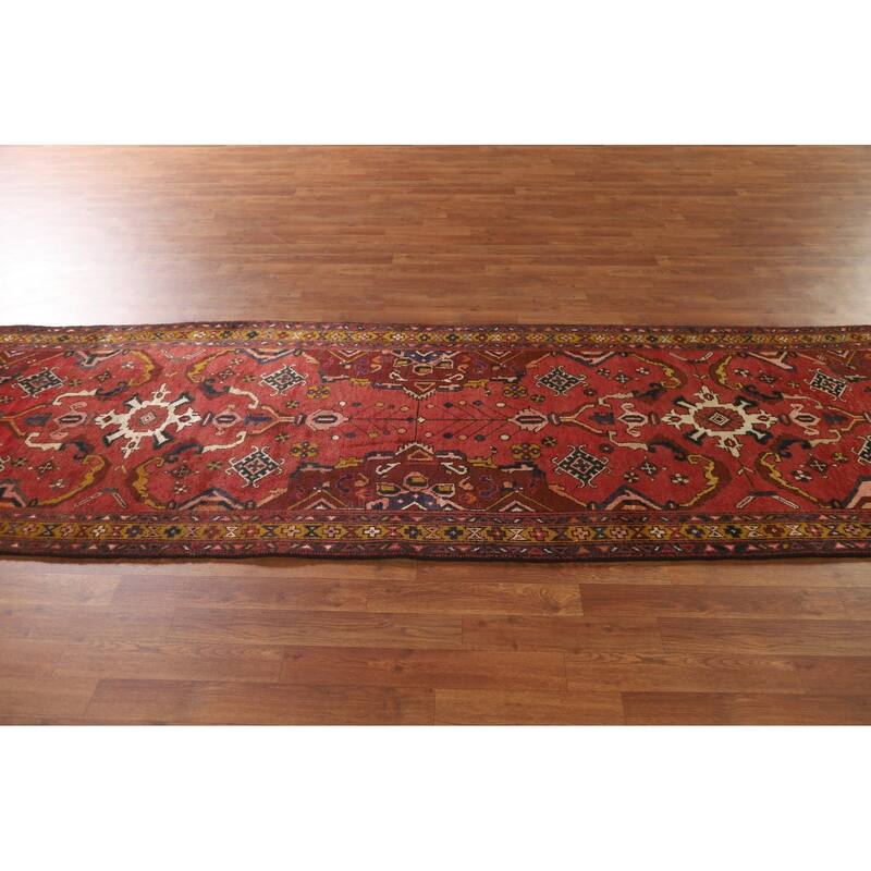 Hand Knotted Oriental 100% Wool Carpet Traditional Geometric Red Heriz Runner Rug - 10' 8'' X 3' 2''